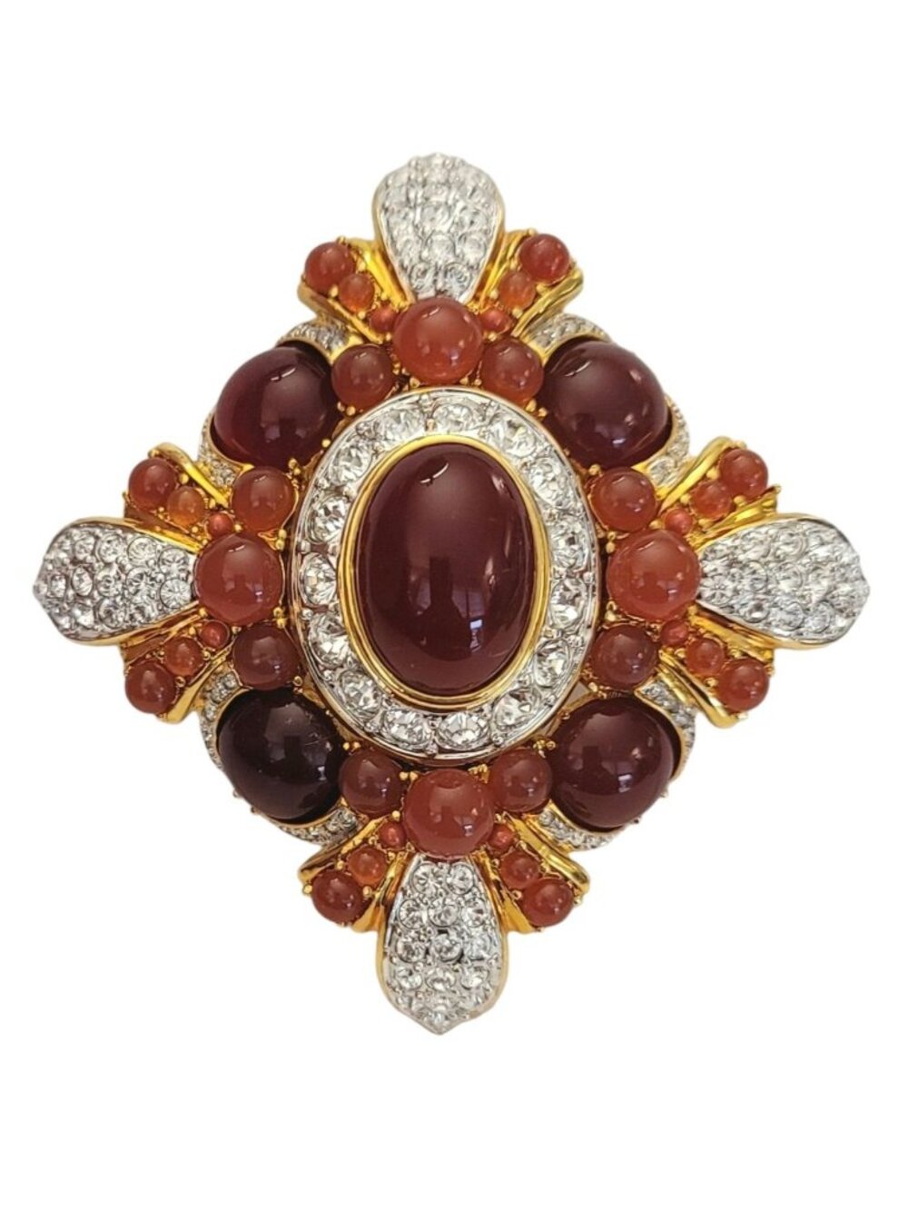 Joan Rivers Carnelian Style Glass Cab Clear Rhinestone Maltese Cross Brooch K157